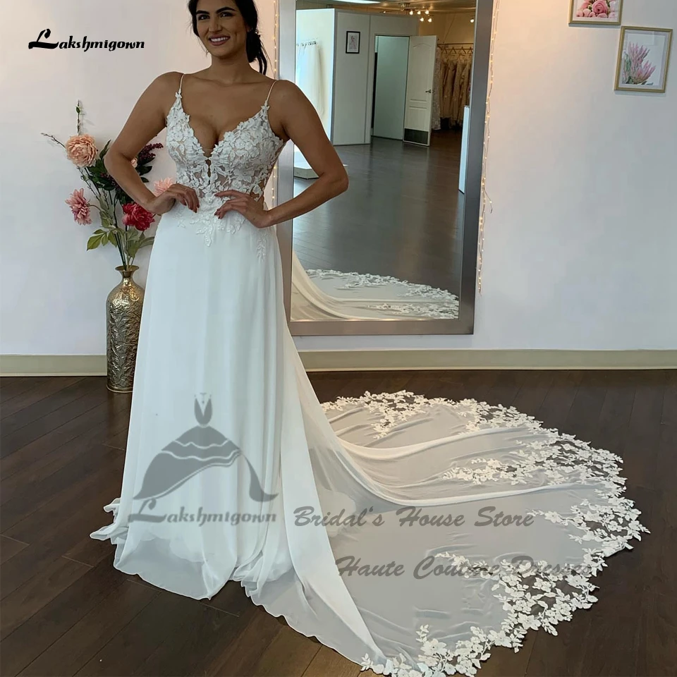 Sexy Elegant Long Chiffon Floral Lace Appliques Spaghetti Straps Wedding Dress