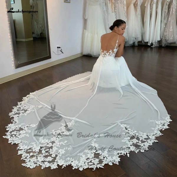 Sexy Elegant Long Chiffon Floral Lace Appliques Spaghetti Straps Wedding Dress - Image 5