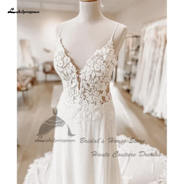 Sexy Elegant Long Chiffon Floral Lace Appliques Spaghetti Straps Wedding Dress - Image 2