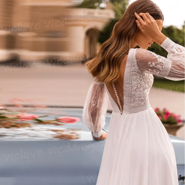 Simple A Line Sexy V Neck Long Sleeve Appliques Lace Wedding Dress - Image 2