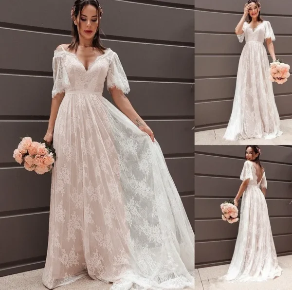 Beautiful Classic V Neck Mermaid Bohemian Wedding Dress Bride Gown