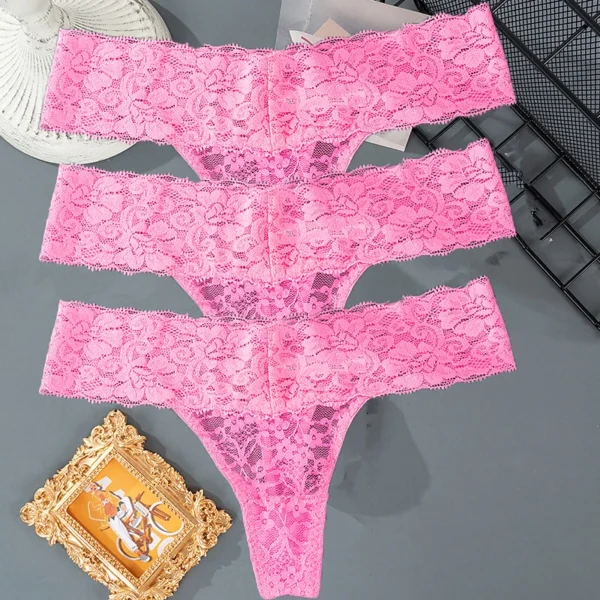 Solid Three Pieces Lace Floral Low Waist Breathable Sexy G-String Panties - Image 14