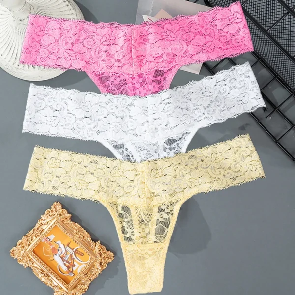 Solid Three Pieces Lace Floral Low Waist Breathable Sexy G-String Panties - Image 16