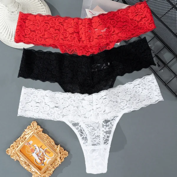 Solid Three Pieces Lace Floral Low Waist Breathable Sexy G-String Panties - Image 8