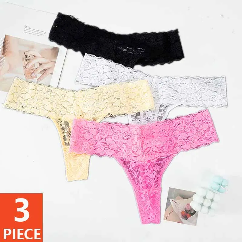 Solid Three Pieces Lace Floral Low Waist Breathable Sexy G-String Panties