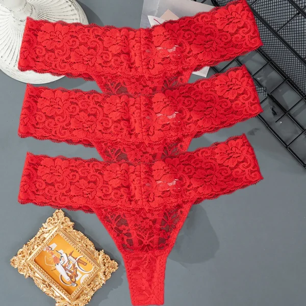 Solid Three Pieces Lace Floral Low Waist Breathable Sexy G-String Panties - Image 11