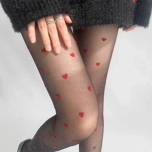 Lovely Exquisite Red Heart Print Silk Nylon Hosiery Stockings - Image 10