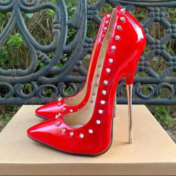 Red Rivet Decor Pointed Leather High Heel Shoes - Image 2