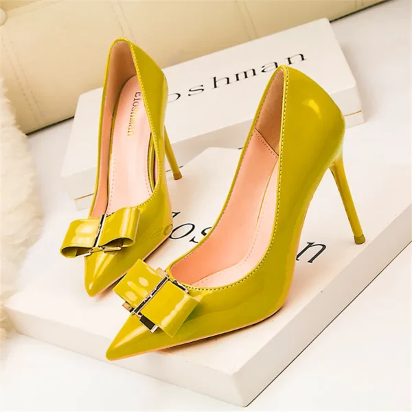 Elegant Classic Leather Metal Bow Knot Pointed High Heels Fashion Shoes - Image 4