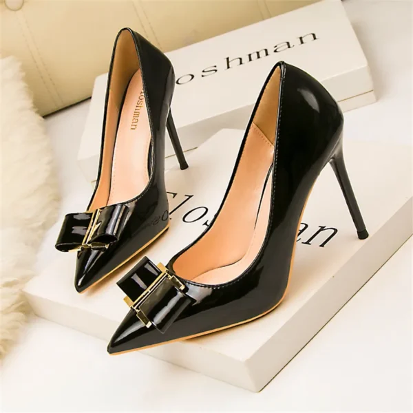 Elegant Classic Leather Metal Bow Knot Pointed High Heels Fashion Shoes - Image 3