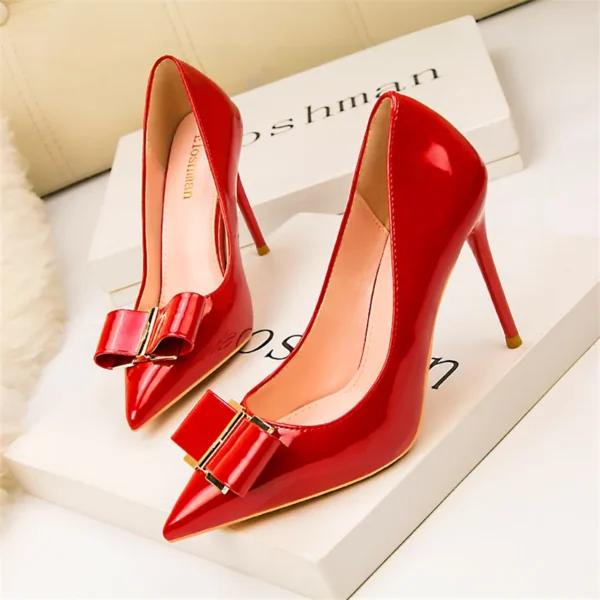 Elegant Classic Leather Metal Bow Knot Pointed High Heels Fashion Shoes - Image 7