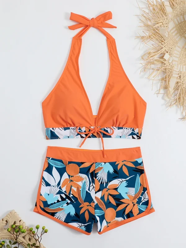 High Waist Short Halter Printed Beachwear Swim Suit Bikini Set - Image 30