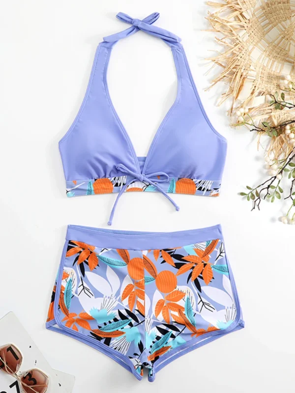 High Waist Short Halter Printed Beachwear Swim Suit Bikini Set - Image 15