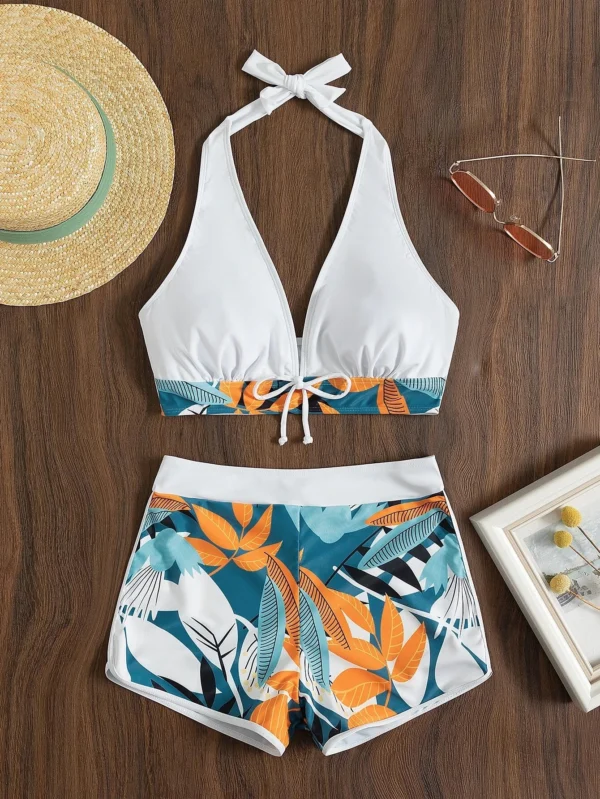 High Waist Short Halter Printed Beachwear Swim Suit Bikini Set - Image 26