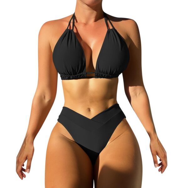 Summer Tank Mid Waist Deep V Neck Wide Straps Swimwear Bikini Set - Image 12