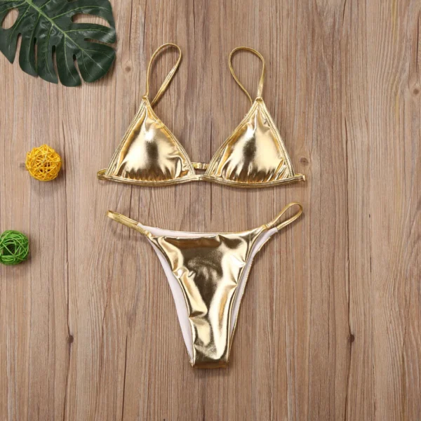 Shine Sexy Gold Bra Two Piece String Tie Side Triangle Bikini Sets