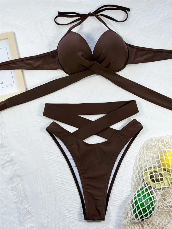 Beach Wear Bandage Halter High Waist Brown Brazilian Bikinis Sets - Image 12