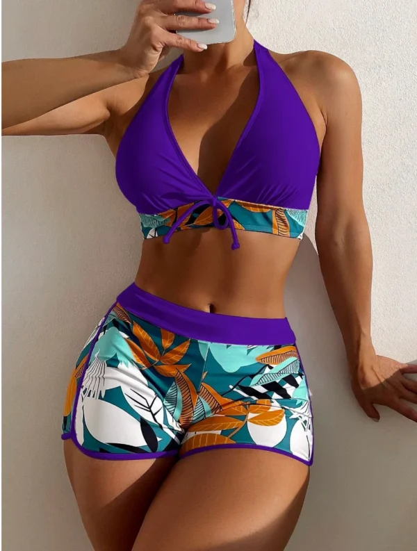 High Waist Short Halter Printed Beachwear Swim Suit Bikini Set - Image 6