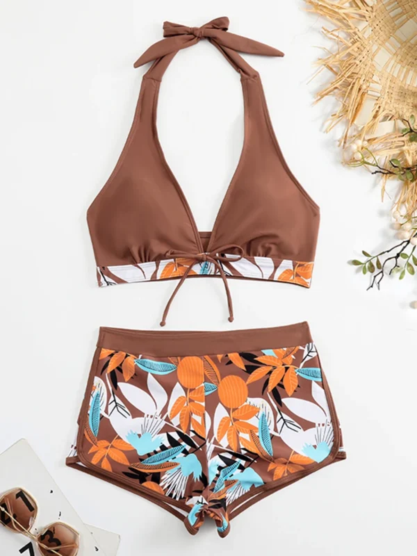 High Waist Short Halter Printed Beachwear Swim Suit Bikini Set - Image 14