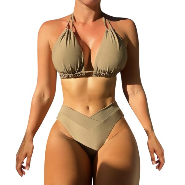 Summer Tank Mid Waist Deep V Neck Wide Straps Swimwear Bikini Set - Image 14