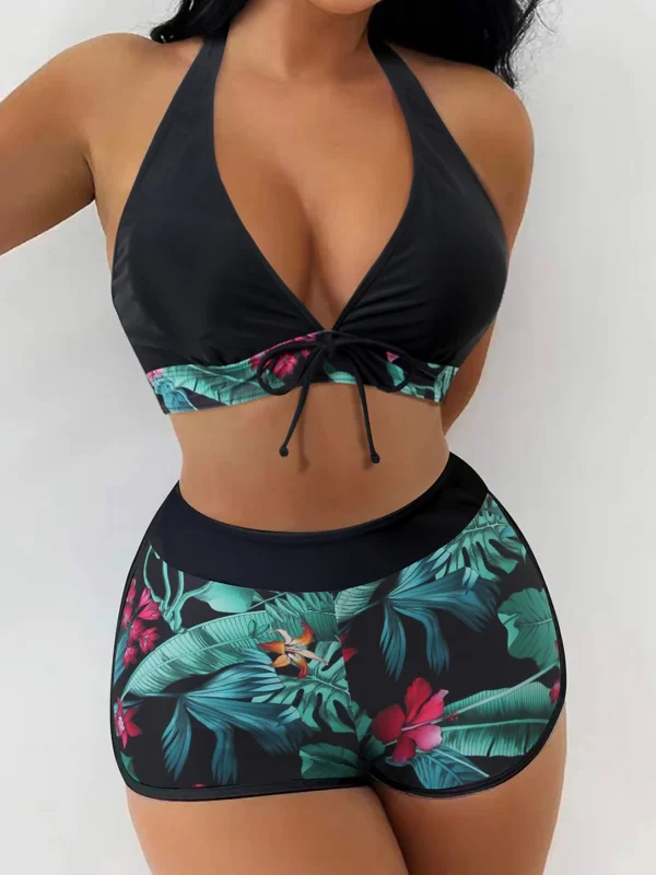 High Waist Short Halter Printed Beachwear Swim Suit Bikini Set - Image 5