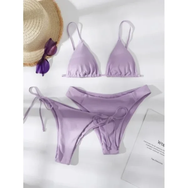 Sexy 3 Piece  Solid Blue Purple Push-Up Bandage Triangle Brazilian Beach Bikini Set - Image 19