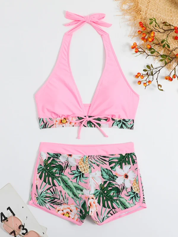 High Waist Short Halter Printed Beachwear Swim Suit Bikini Set - Image 18