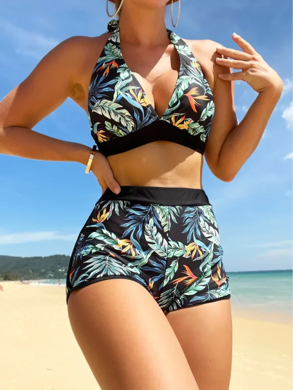 High Waist Short Halter Printed Beachwear Swim Suit Bikini Set