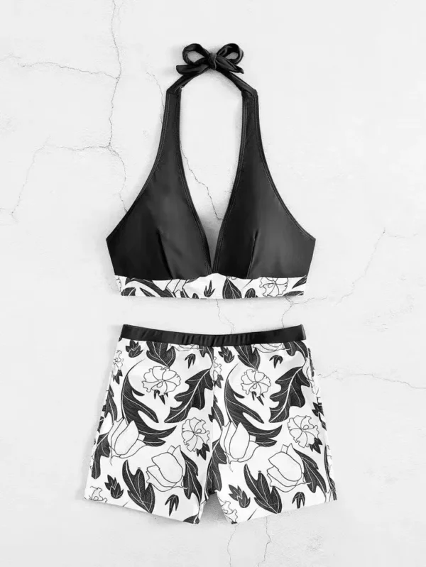 High Waist Short Halter Printed Beachwear Swim Suit Bikini Set - Image 38