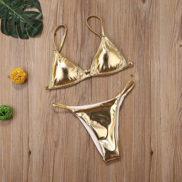 Shine Sexy Gold Bra Two Piece String Tie Side Triangle Bikini Sets - Image 2