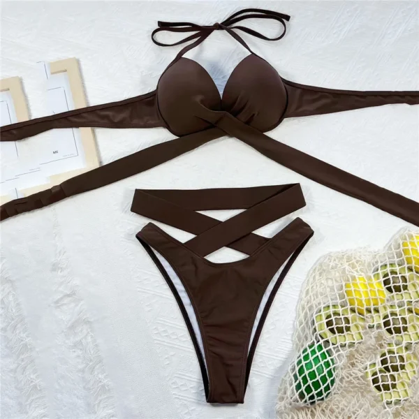 Beach Wear Bandage Halter High Waist Brown Brazilian Bikinis Sets - Image 2