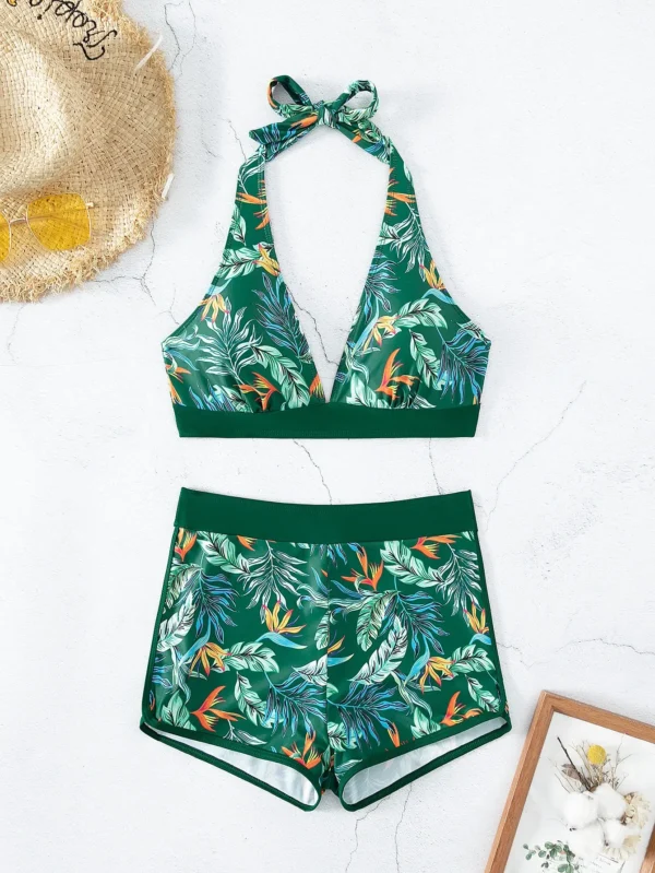 High Waist Short Halter Printed Beachwear Swim Suit Bikini Set - Image 37